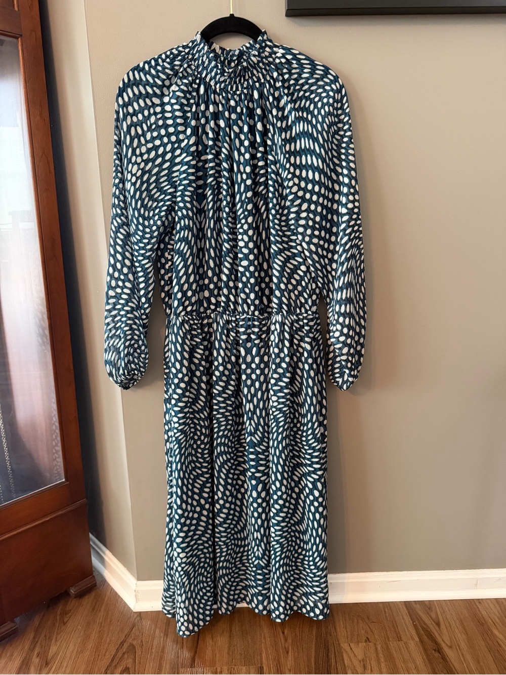 Smocked-Neck Teal and White Long-Sleeve Maxi Dress. Medium